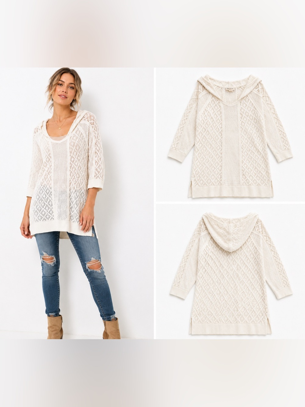Anthropologie Meadow Rue Pointelle Open Knit Hooded Tunic Sweater Cream XS